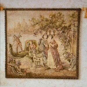 VTG Tapestry Wall Romantic Scene Dogs Tassels Cottagecore Ready 2 Hang SZ 20x20